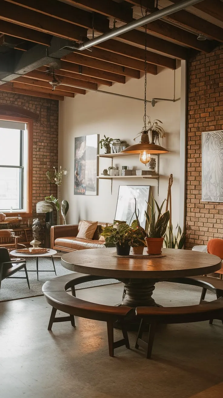 This industrial earthy living room seamlessly fuses industrial apartment inspiration with bohemian charm.  The result? An industrial modern living room decor that's both warm and sophisticated.  Reclaimed materials and a muted palette define this light industrial living room, a testament to the beauty of industrial home decor and industrial vintage decor within an apartment setting.