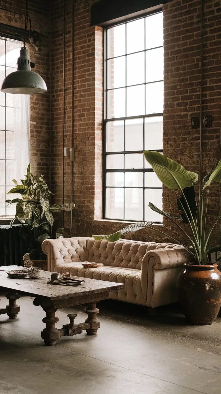 Raw textures and reclaimed wood meet modern minimalism in this industrial boho living room, a perfect blend of industrial home decor and earthy tones creating an inviting industrial apartment interior.  The light industrial living room style is effortlessly chic, offering industrial apartment inspiration for a space that's both stylish and lived-in, showcasing the best of industrial modern living room decor and industrial vintage decor.