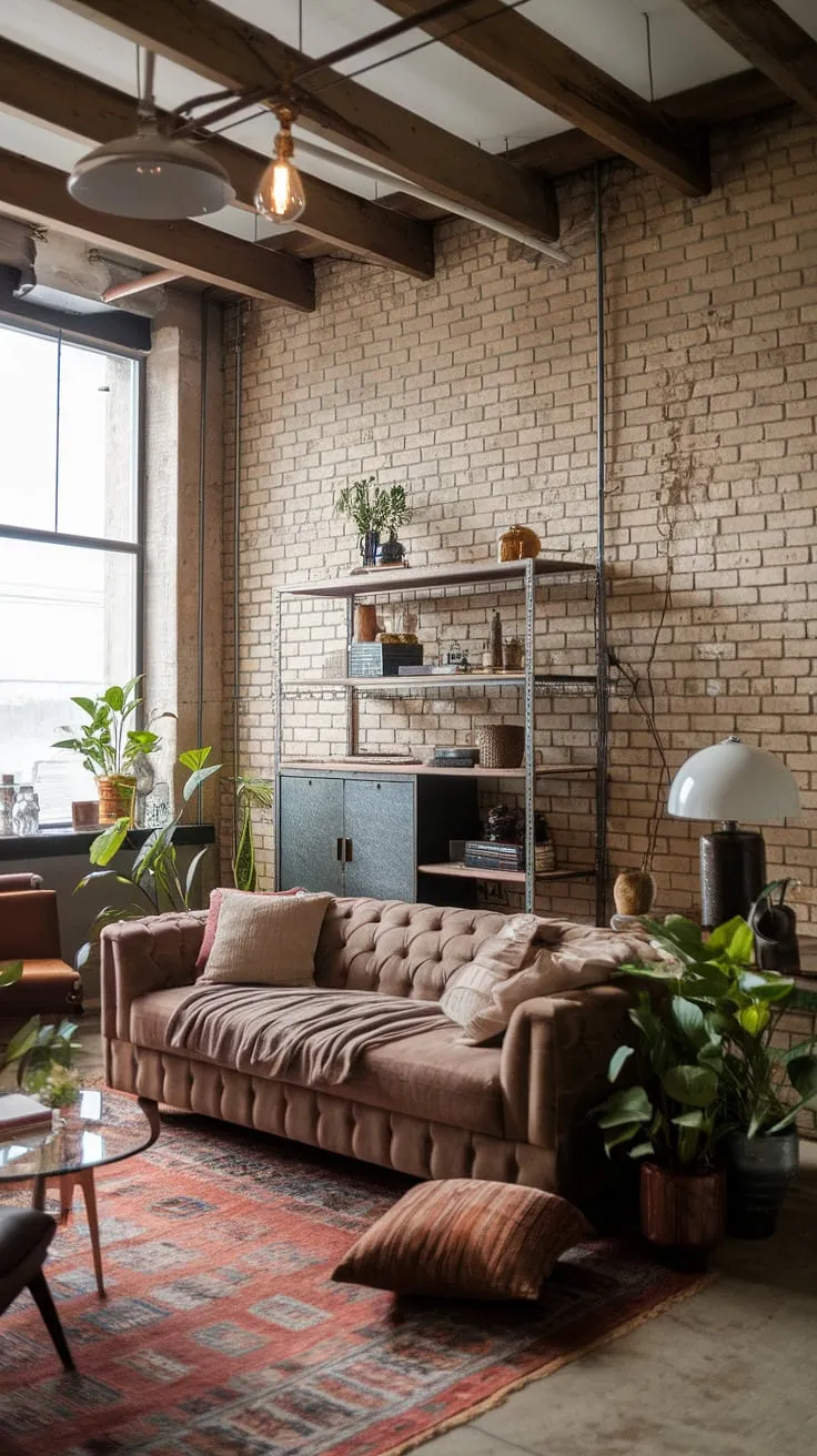 Industrial apartment interior design at its finest! This light industrial living room seamlessly merges industrial elements like the pipe shelving and metal cabinet with a cozy, bohemian vibe. The earthy tones, plush textures, and carefully curated accessories create an industrial boho living room that's both sophisticated and comfortable, offering a perfect example of industrial home decor.