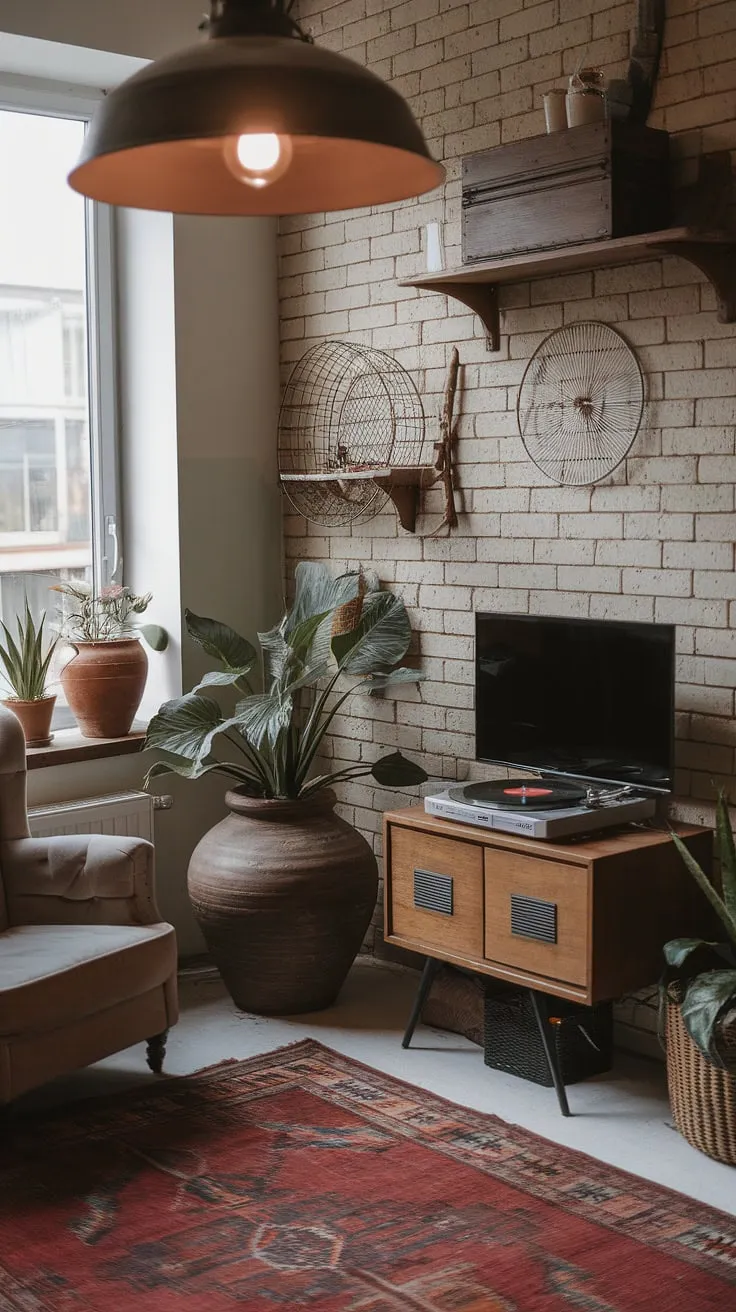 An industrial apartment interior doesn't have to be cold and sterile. This space proves that with its industrial vintage decor and industrial earthy living room aesthetic.  The mix of textures, from the woven basket to the terracotta pot, and the thoughtful placement of industrial apartment inspiration pieces like the wire basket, create a cozy and stylish haven. This light industrial living room is the perfect example of how to blend industrial boho living room style with warmth and personality.