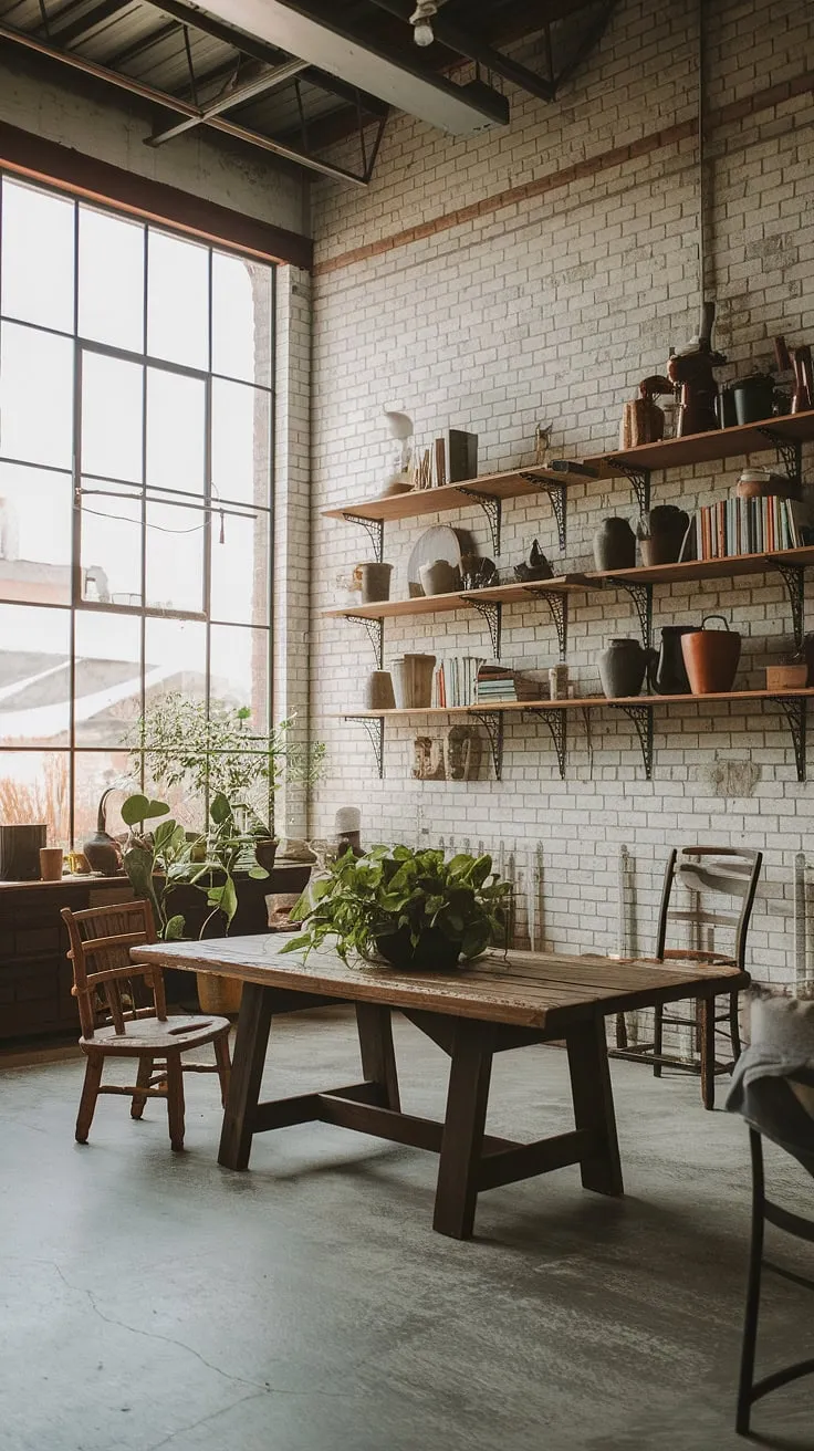 Industrial vintage decor meets modern comfort in this stunning industrial boho living room. High ceilings and abundant natural light illuminate the space, highlighting the rustic wooden table, eclectic shelving, and exposed brick. This industrial apartment interior perfectly embodies industrial home decor, offering a unique and inspiring take on light industrial living room design and serving as excellent industrial apartment inspiration.  The result is an industrial earthy living room that's both stylish and welcoming.