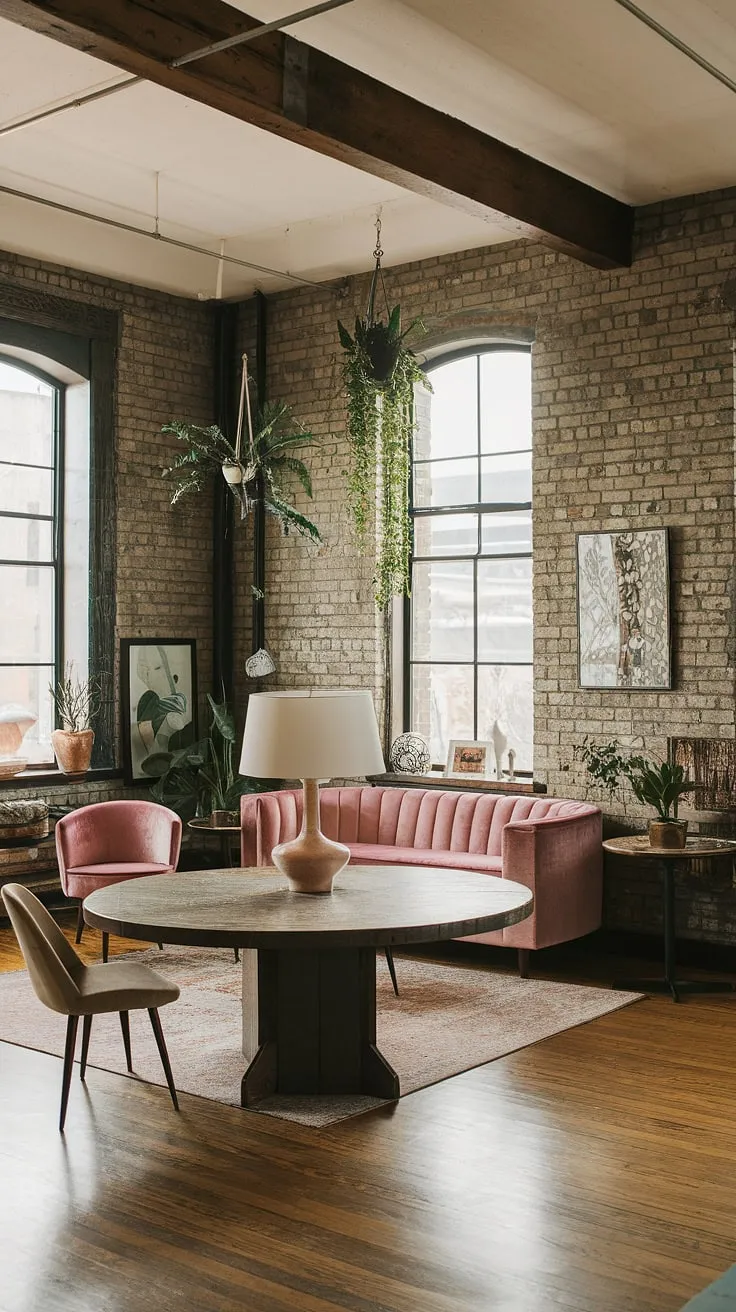 This industrial boho living room seamlessly blends raw industrial elements with warm, earthy tones, creating a space that's both stylish and inviting.  The industrial modern living room decor is perfectly balanced with vintage accents, offering a unique take on industrial apartment inspiration.  This light industrial living room showcases the best of industrial home decor and industrial apartment interior design.