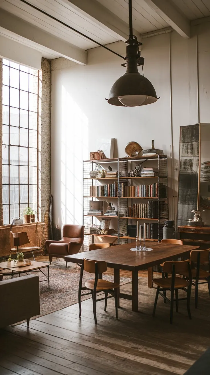 Bathed in natural light, this industrial apartment interior is a testament to the versatility of industrial vintage decor.  The space effortlessly marries the raw textures of industrial home decor with the cozy warmth of an industrial earthy living room.  A large wooden table anchors the room, while a vintage bookshelf adds character, making this industrial boho living room the perfect blend of rustic and refined. This light industrial living room offers plenty of inspiration for your own industrial apartment.