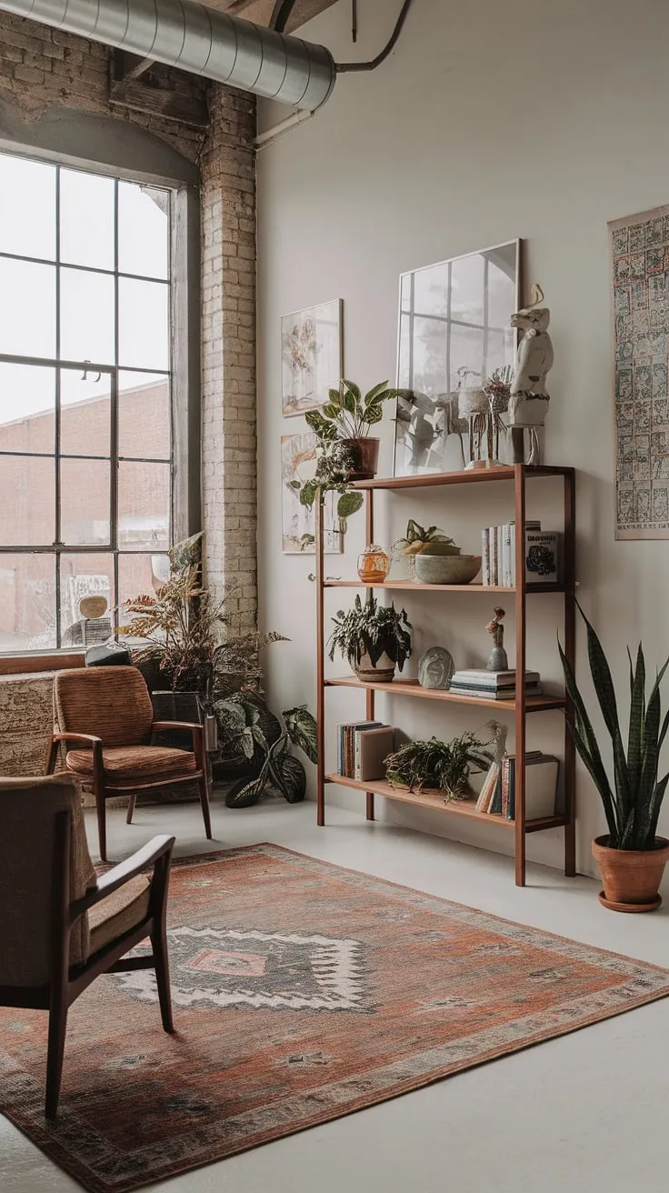 This industrial boho living room seamlessly blends raw industrial elements with earthy textures and vintage accents, creating a warm and inviting space.  The result is an effortlessly chic industrial modern living room decor that offers plenty of industrial apartment inspiration.