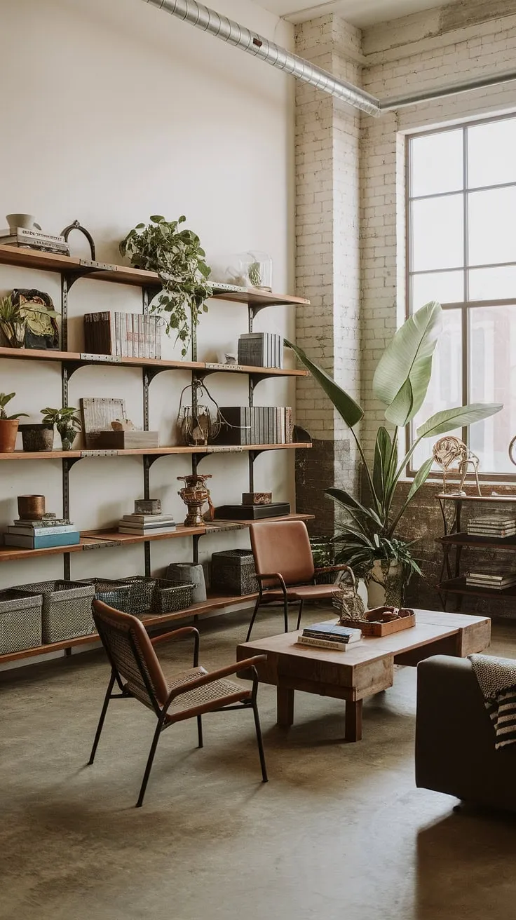 Raw textures and refined style collide in this industrial boho living room.  The space effortlessly blends industrial home decor with earthy tones, creating an industrial apartment interior that's both inviting and inspiring.  This light industrial living room showcases the best of industrial modern living room decor and industrial vintage decor, offering a perfect blend of industrial apartment inspiration.