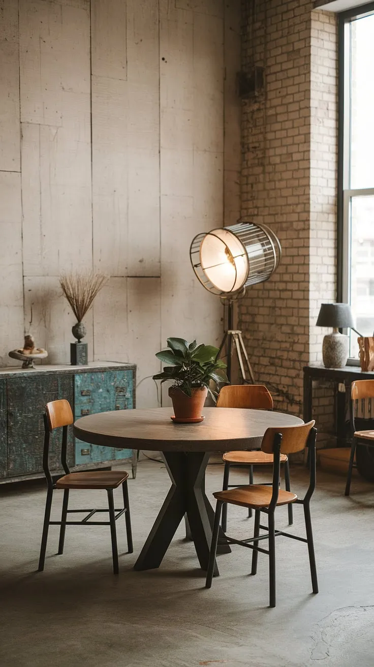 Raw textures and refined style collide in this industrial boho living room.  The exposed brick, vintage cabinet, and concrete floor create an undeniably industrial backdrop, while the round wooden table, potted plant, and carefully chosen accents inject a touch of earthy bohemian charm. This industrial modern living room decor perfectly balances rustic warmth with sleek industrial home decor, offering a wealth of industrial apartment inspiration.  It's a light industrial living room that proves industrial apartment interior design can be both stylish and inviting. The result is an industrial vintage decor aesthetic that's both effortlessly cool and incredibly comfortable.