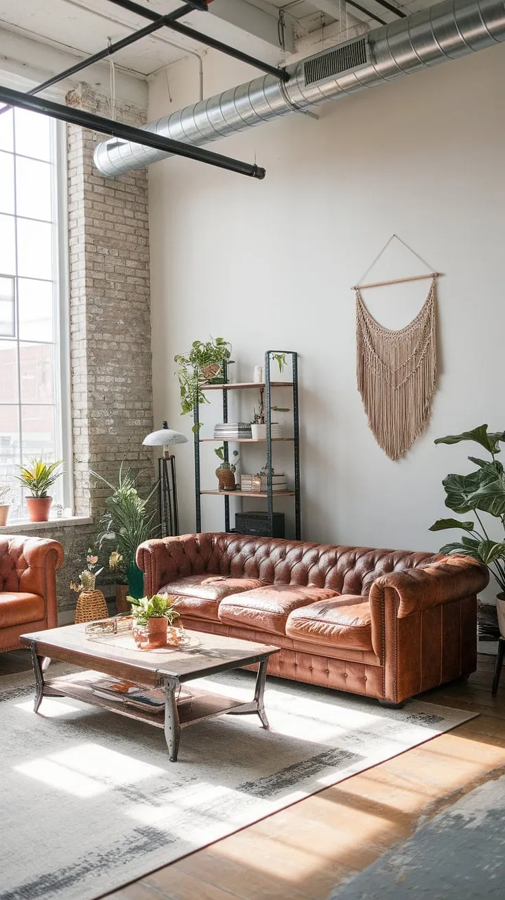 Industrial apartment inspiration at its finest! This industrial boho living room seamlessly marries the raw beauty of exposed brick and metal pipe lighting with the warmth of a vintage leather sofa and lush potted plants.  The space perfectly embodies industrial earthy living room style, showcasing a unique blend of industrial vintage decor and industrial modern living room decor.  It's a testament to how industrial home decor can create a light industrial living room that's both stylish and comfortable, making it the ultimate industrial apartment interior.