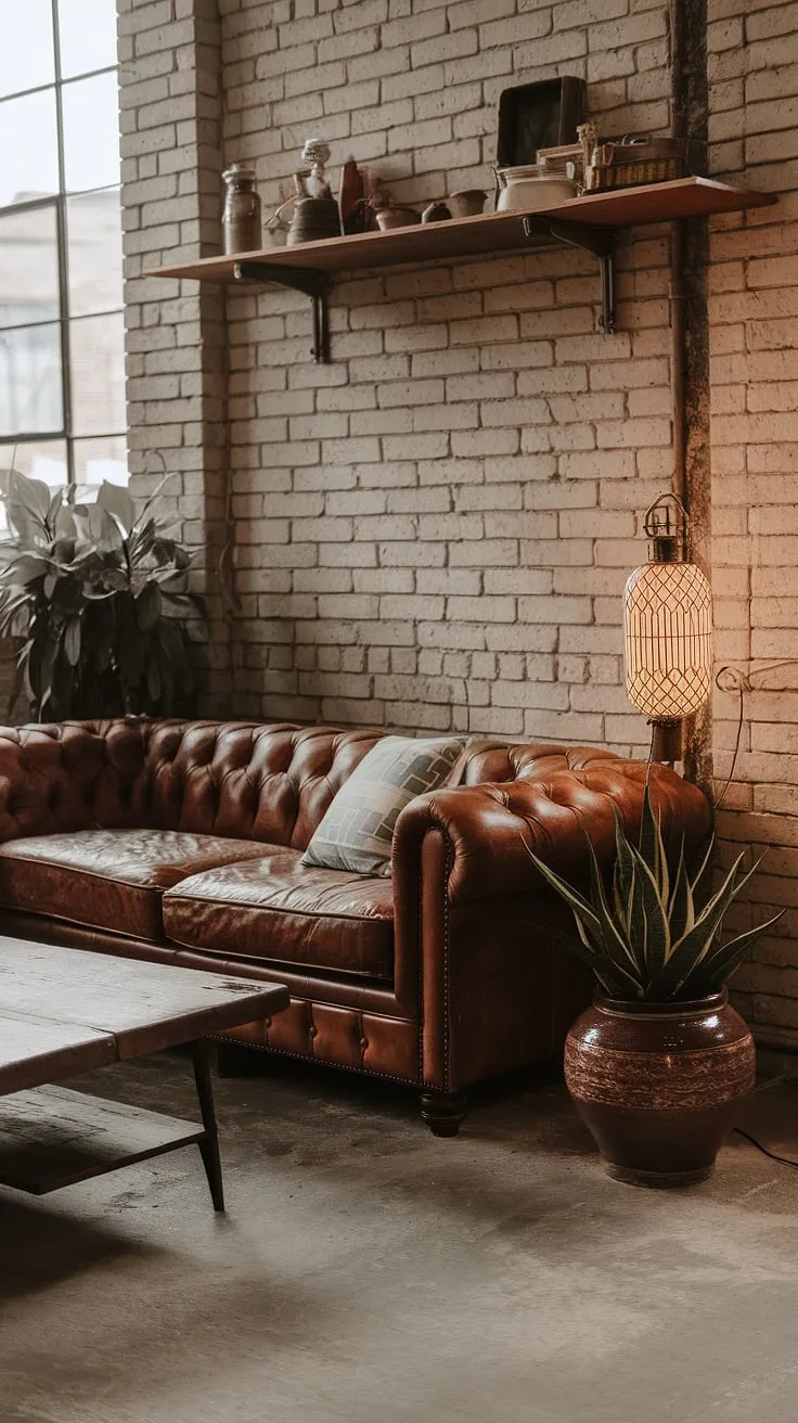 This industrial modern living room decor showcases the beauty of contrasting styles.  Industrial vintage decor elements are softened by an earthy palette, creating a unique industrial earthy living room that's both stylish and inviting.  Find your own industrial apartment inspiration in this stunning space.