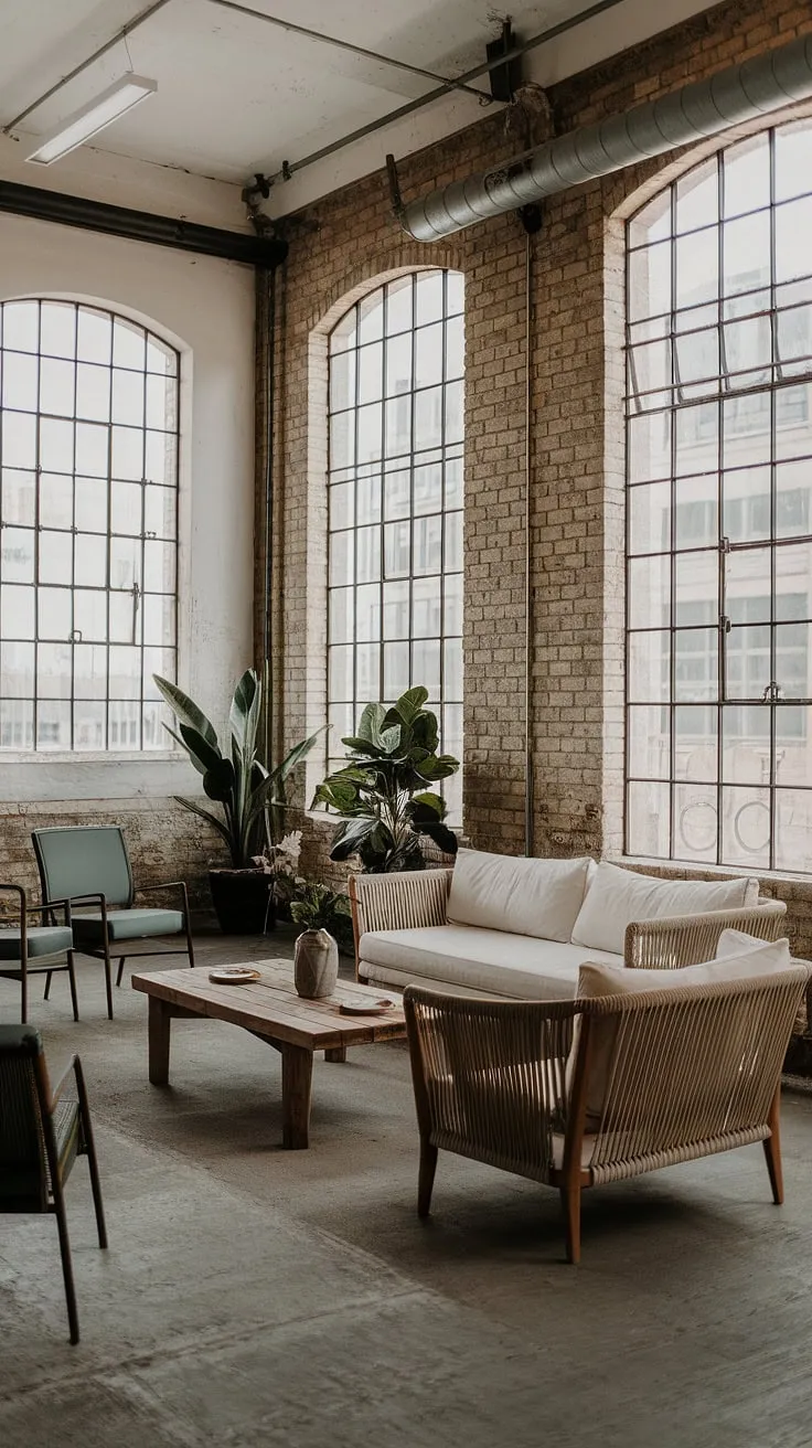 This industrial earthy living room effortlessly combines industrial vintage decor with bohemian flair.  High ceilings, large windows with metal grids, and a white rope-detailed sofa create a stunning industrial apartment interior.  The concrete floors and exposed brick walls provide the perfect backdrop for this industrial modern living room decor, making it a prime example of industrial home decor done right.