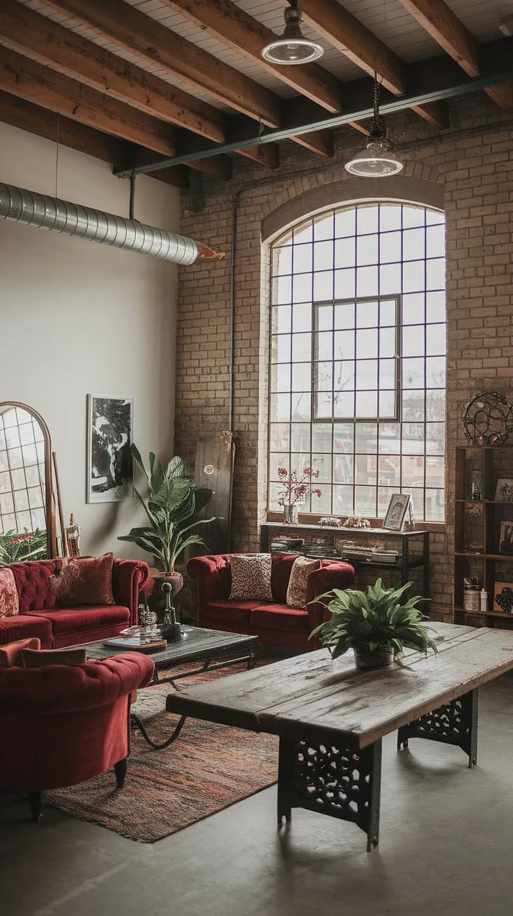 Raw textures and refined style collide in this industrial boho living room.  The space effortlessly blends industrial home decor with earthy tones, creating an industrial apartment interior that's both inviting and inspiring.  A perfect example of light industrial living room design, showcasing the best of industrial modern living room decor and industrial vintage decor.