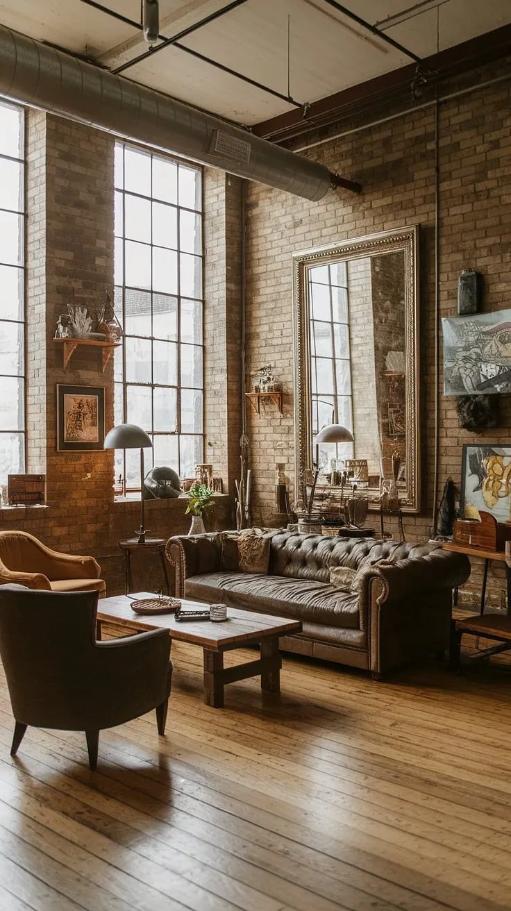 Raw textures and refined style collide in this industrial boho living room.  The space effortlessly blends industrial home decor with earthy tones, creating an industrial apartment interior that's both inviting and inspiring.  A perfect example of light industrial living room design and industrial modern living room decor, showcasing the best of industrial vintage decor.