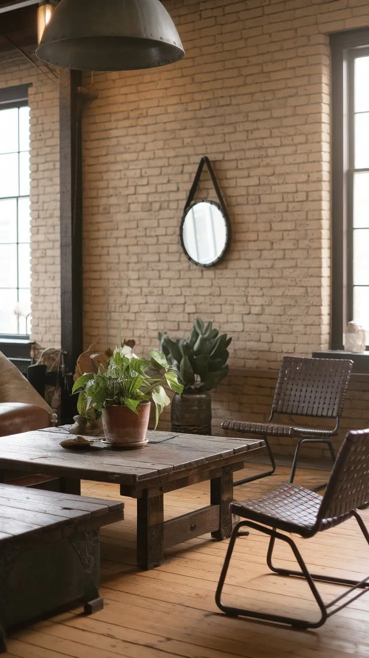 Raw textures and reclaimed wood meet modern minimalism in this industrial boho living room, a perfect blend of industrial home decor and earthy tones creating an inviting industrial apartment interior.  The light industrial living room style is effortlessly chic, offering industrial apartment inspiration for a space that's both stylish and lived-in, showcasing the best of industrial modern living room decor and industrial vintage decor.