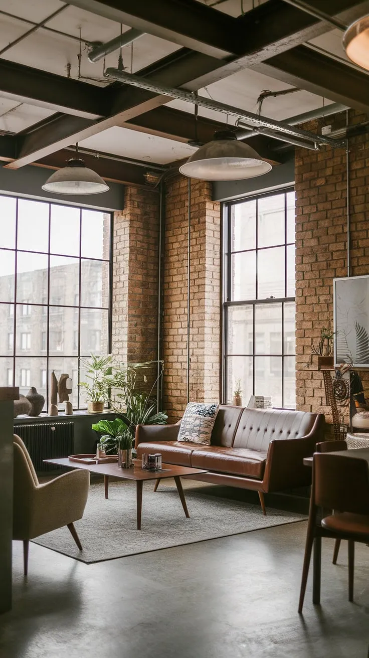An industrial concept interior takes center stage in this industrial style living room.  The space masterfully combines industrial Japandi elements to create a sophisticated and inviting industrial living room design perfect for modern urban living.