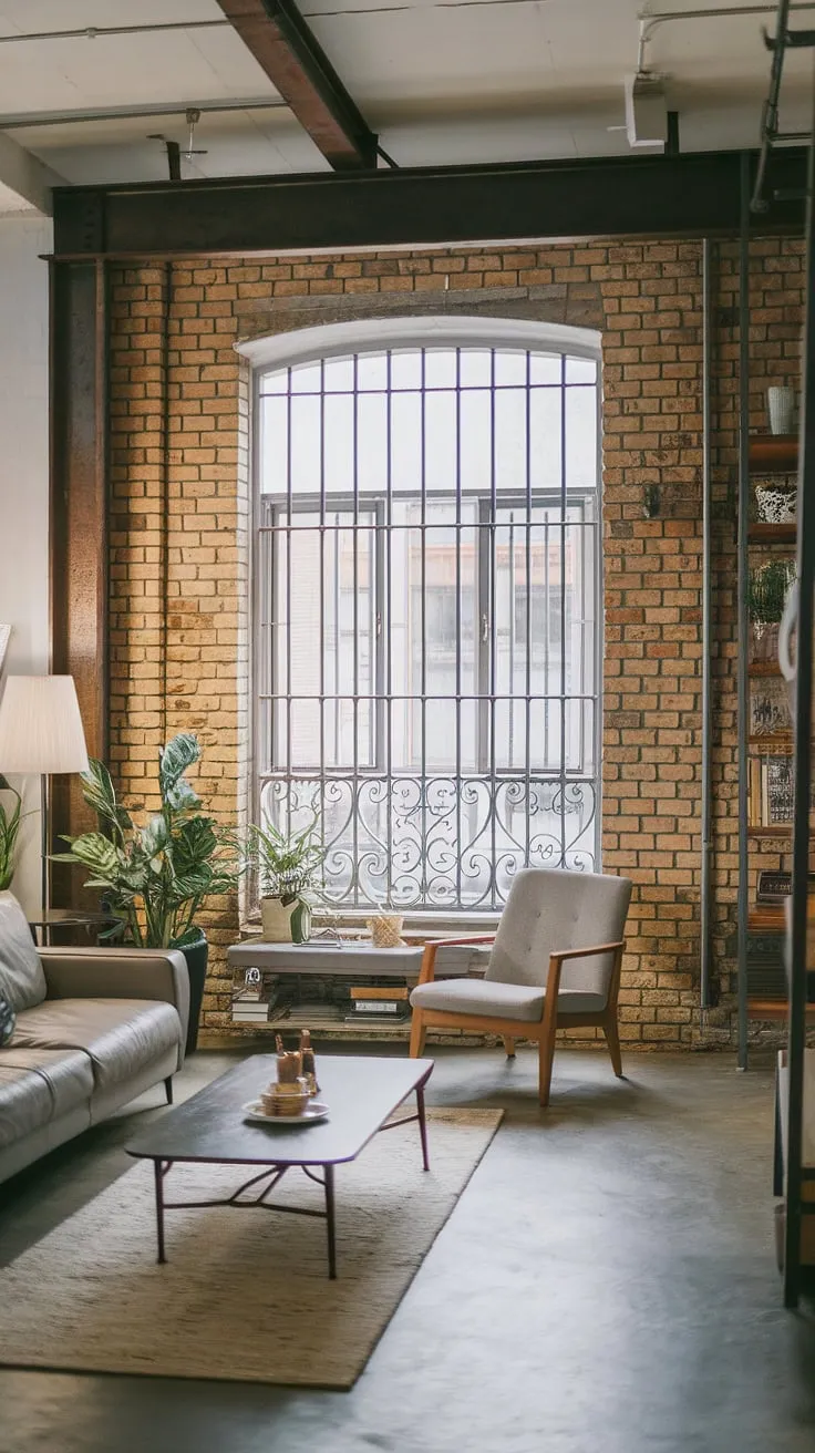 This modern urban apartment showcases a stunning neo-industrial interior, blending raw industrial elements like exposed brick and steel beams with the clean lines of Japandi design.  The result is an industrial contemporary living room that's both stylish and functional, offering inspiration for industrial living room ideas and industrial living room design. This industrial concept interior perfectly balances the rugged charm of industrial style living room with a sense of calm and serenity.