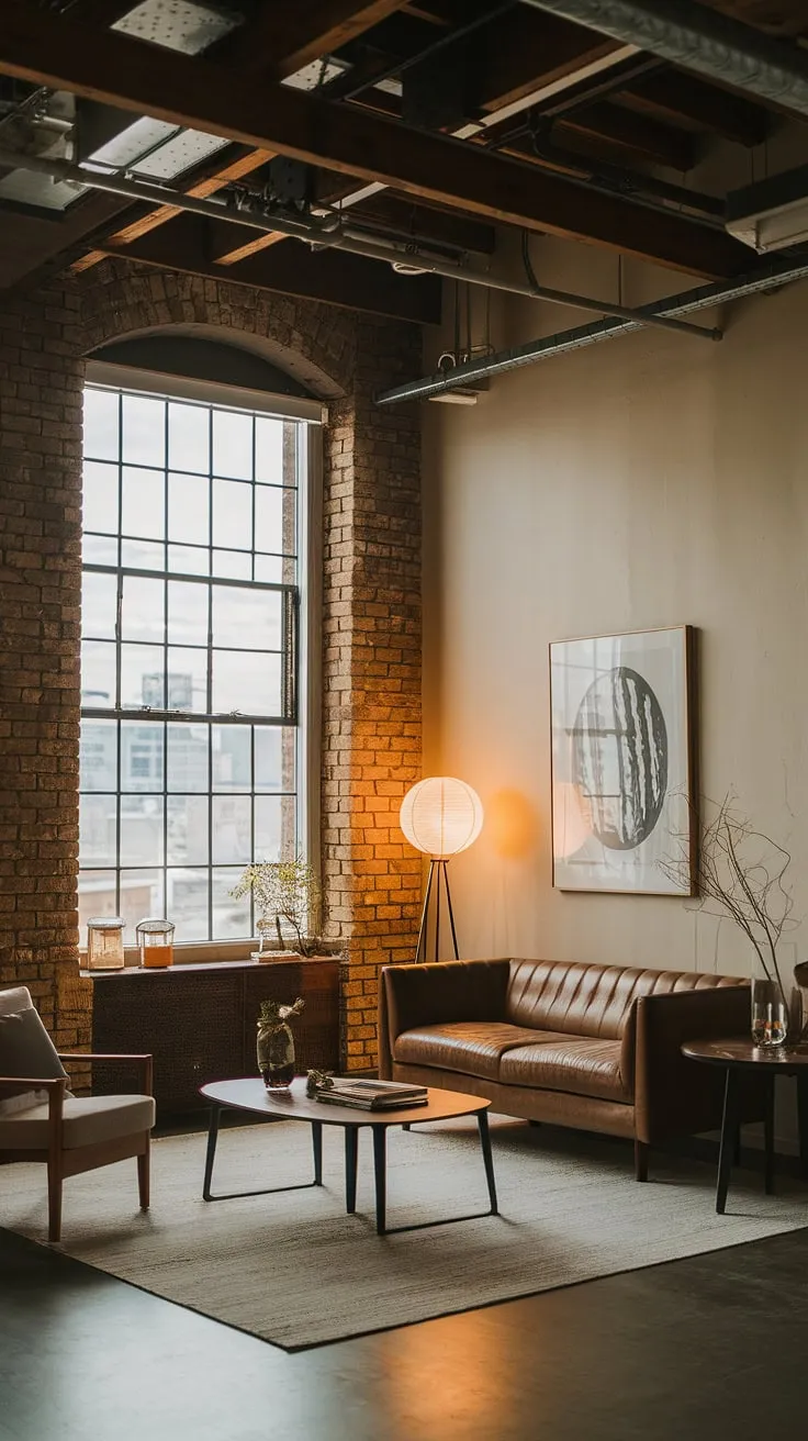 This modern urban apartment boasts a stunning neo-industrial interior, seamlessly blending industrial living room ideas with Japandi influences.  The result is an industrial contemporary living room that exemplifies industrial living room design, showcasing the best of industrial style living room aesthetics.