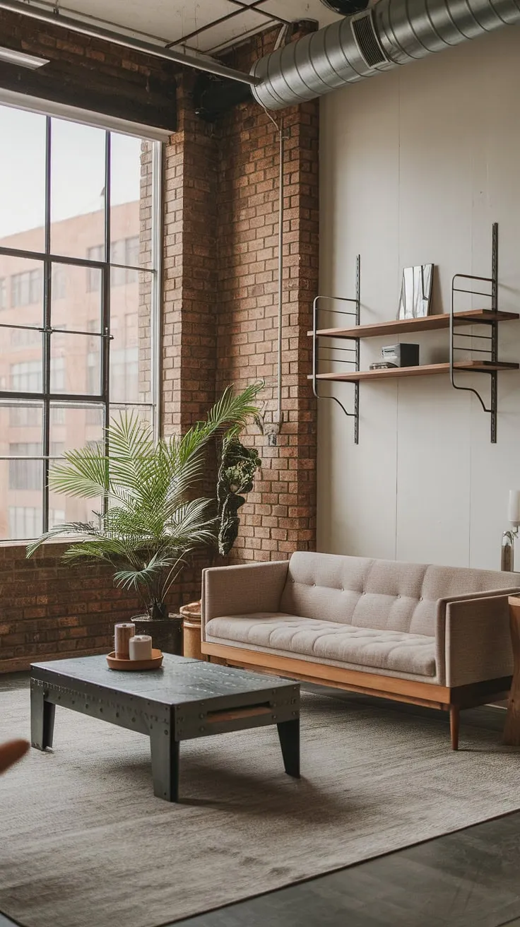 This modern urban apartment showcases a stunning blend of industrial and Japandi aesthetics.  The neo-industrial interior, with its carefully curated industrial living room design, offers a unique take on industrial living room ideas, creating an industrial contemporary living room that's both stylish and functional.  The industrial concept interior is perfectly executed.