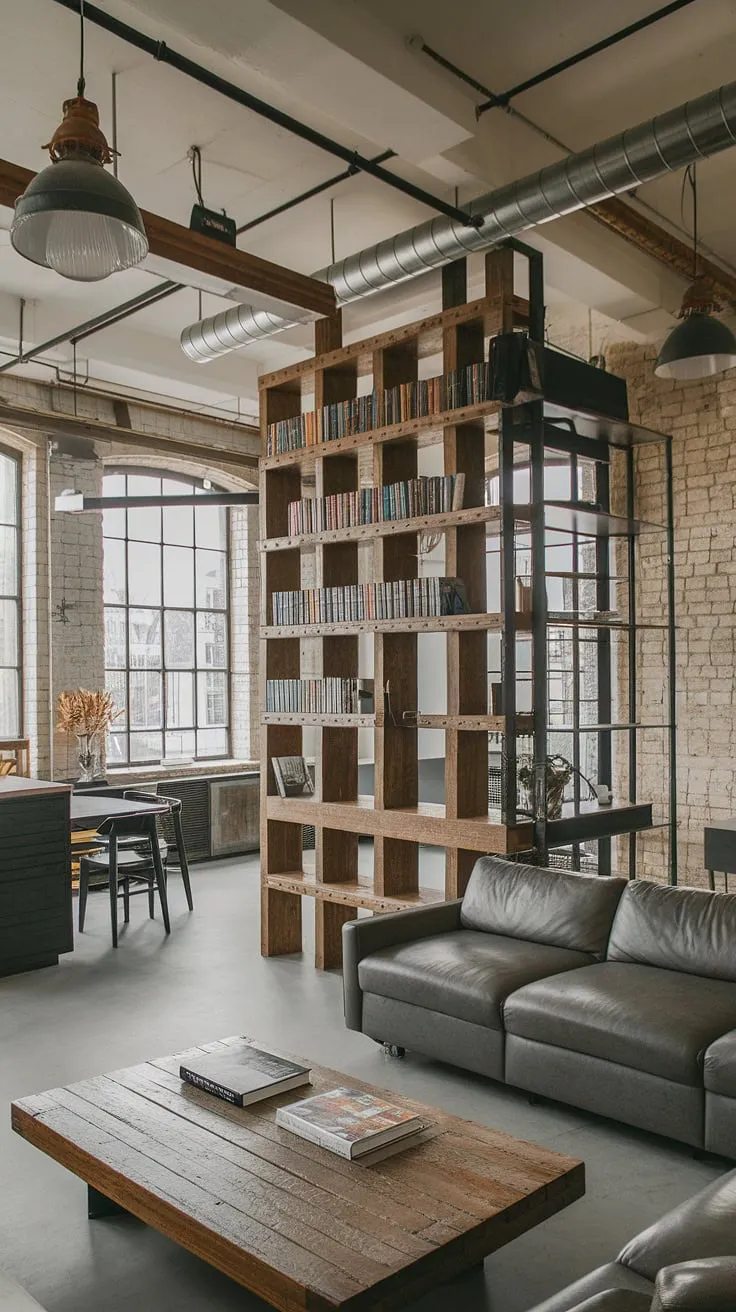 An industrial style living room redefined. This industrial living room design seamlessly integrates industrial Japandi elements into a modern urban apartment, resulting in a breathtaking neo-industrial interior.  Explore the perfect balance of industrial contemporary living room style and functionality within this inspiring space.