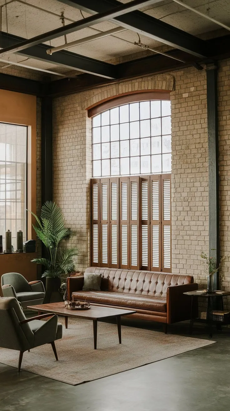This industrial japandi living room seamlessly blends the raw beauty of an industrial concept interior with the minimalist elegance of Japanese design.  The result? An industrial style living room that's both striking and inviting, perfect for a modern urban apartment.  Note the thoughtful mix of vintage and modern furniture, creating an industrial living room that's as functional as it is aesthetically pleasing.