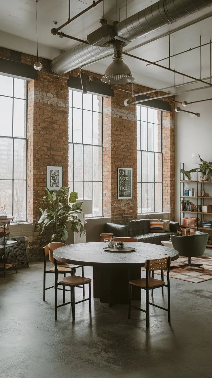 This modern urban apartment showcases a stunning neo-industrial interior, blending raw exposed brick with sleek contemporary furniture.  The industrial concept interior, featuring an industrial living room design with a large round wooden table, perfectly embodies industrial japandi style. This industrial living room, brimming with industrial living room ideas, offers a unique and inspiring space.