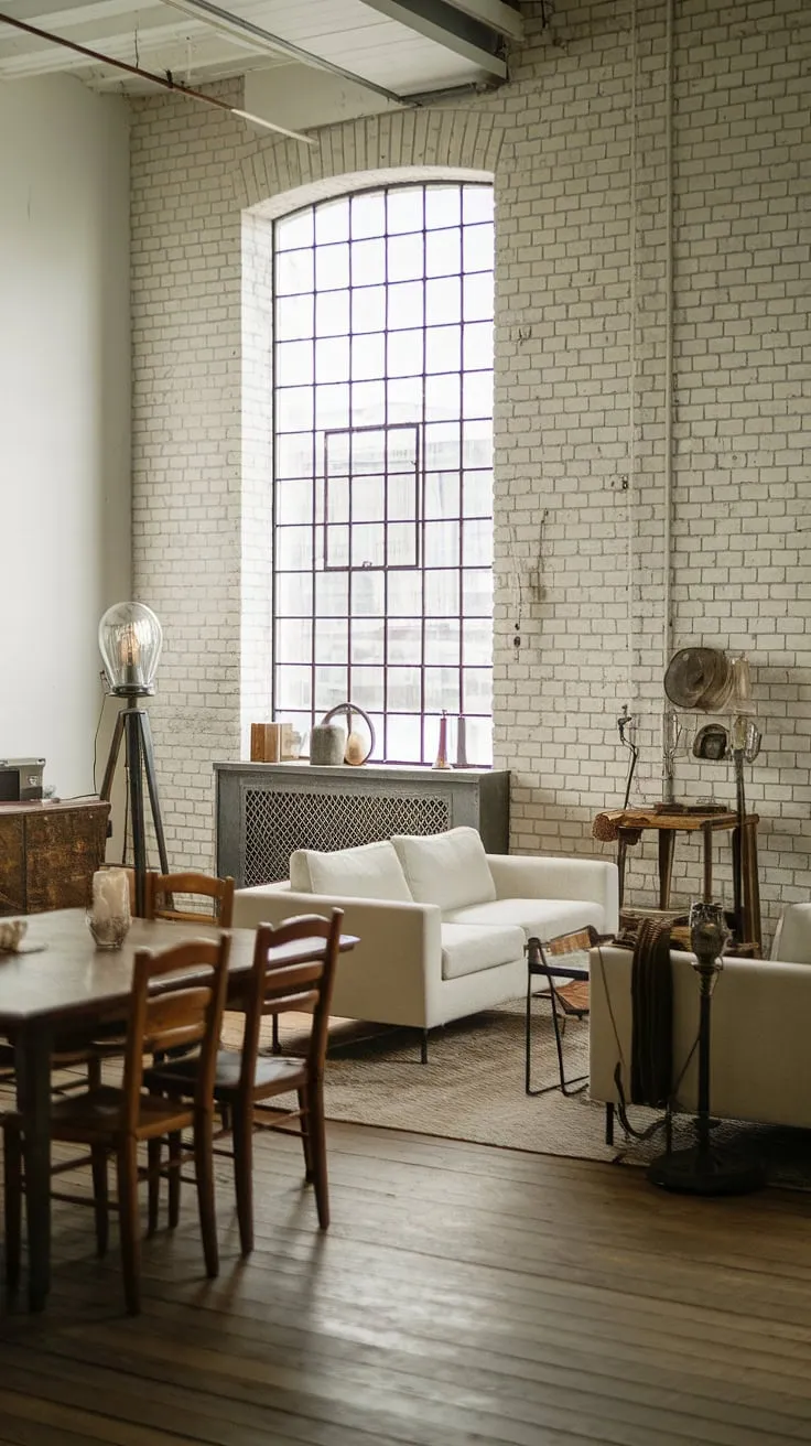 This industrial contemporary living room seamlessly blends raw industrial elements with sleek modern lines, creating a sophisticated neo-industrial interior perfect for a modern urban apartment.  The result is an inspiring example of industrial living room design and industrial living room ideas, showcasing the best of industrial Japandi style.