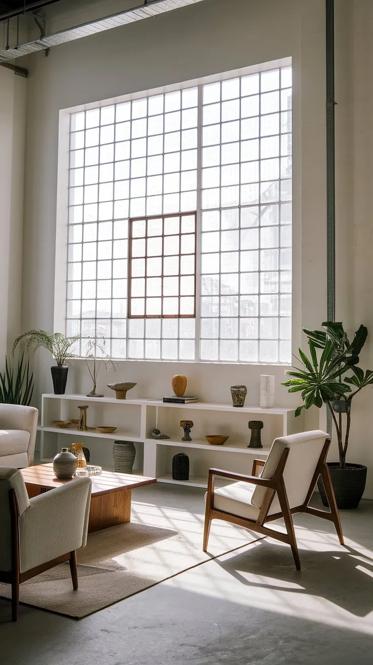 This industrial contemporary living room seamlessly blends raw industrial elements with sleek modern lines, creating a sophisticated neo-industrial interior perfect for a modern urban apartment.  The space embodies the best of industrial Japandi design, offering a wealth of industrial living room ideas and showcasing a truly unique industrial living room design and industrial style living room aesthetic.
