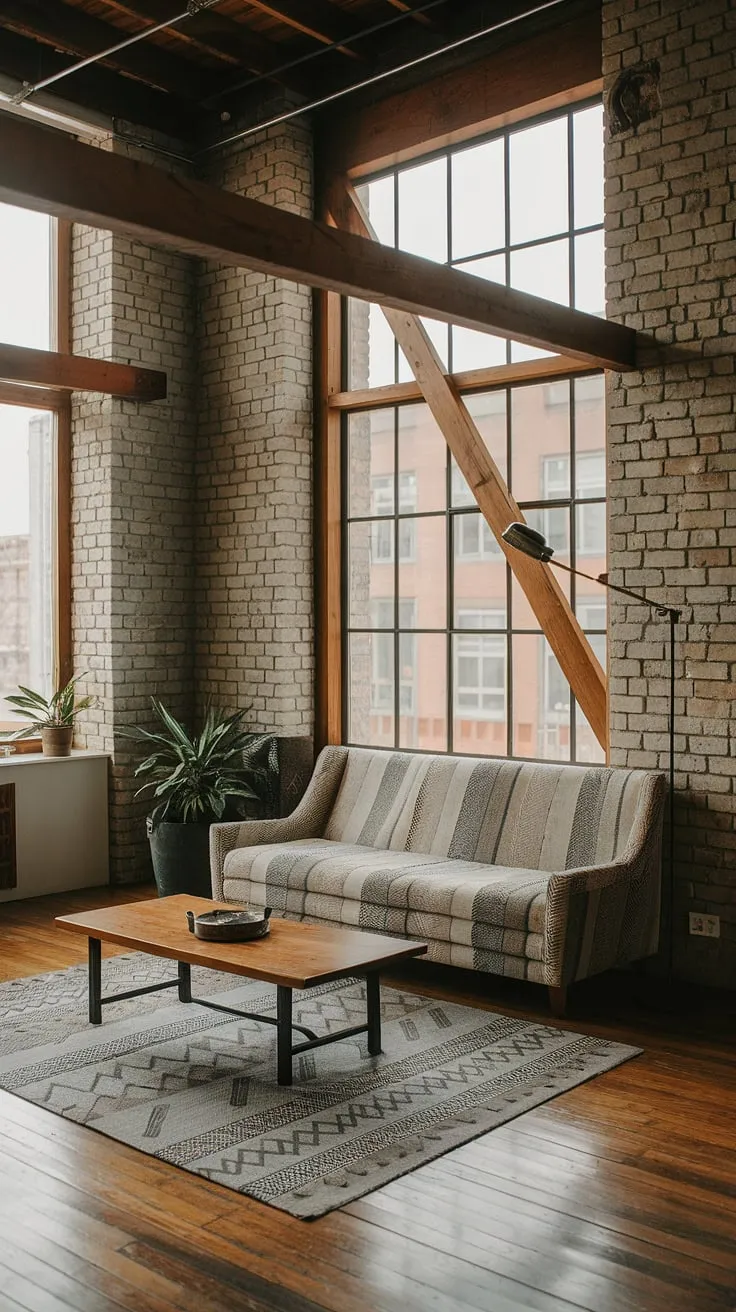 This industrial contemporary living room, showcasing a neo-industrial interior within a modern urban apartment, seamlessly blends exposed brick and wooden beams with a sophisticated beige and grey patterned sofa.  The industrial japandi influence is evident in the natural wood tones and geometric rug, offering inspiring industrial living room ideas and a stunning industrial living room design.  This industrial concept interior is the epitome of industrial style living room elegance.
