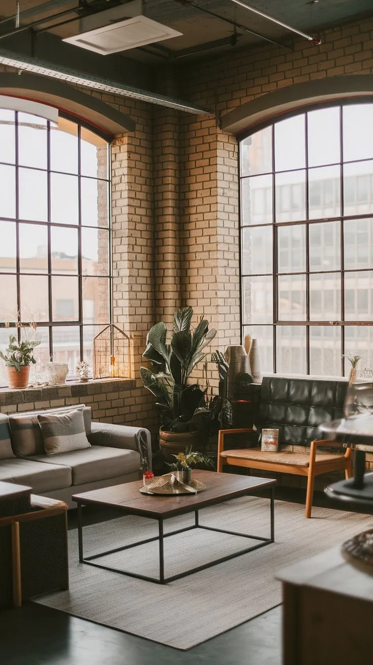 This industrial japandi living room is a masterclass in industrial concept interior design. High ceilings, large windows, and warm hues create a welcoming atmosphere within this industrial style living room, proving that industrial living room ideas can be both edgy and comfortable.  A perfect example of how to achieve a sophisticated neo-industrial interior in a modern urban apartment.