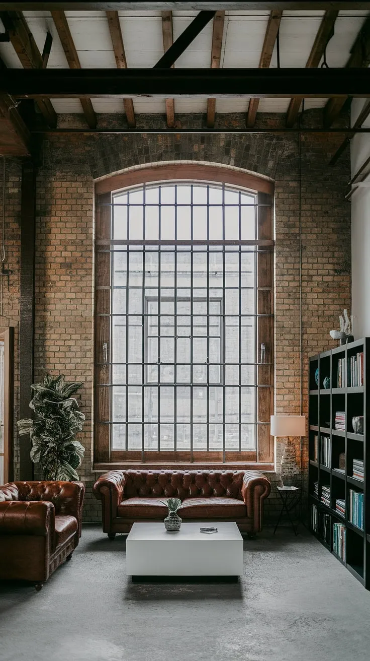 A sophisticated take on industrial living room ideas, this space showcases a masterful blend of industrial concept interior design and contemporary style.  The high ceilings, exposed brick walls, and concrete floor are balanced by sleek furniture and a touch of greenery, resulting in an inviting and stylish industrial style living room within a modern urban apartment. This neo-industrial interior is a testament to the versatility of industrial living room design.
