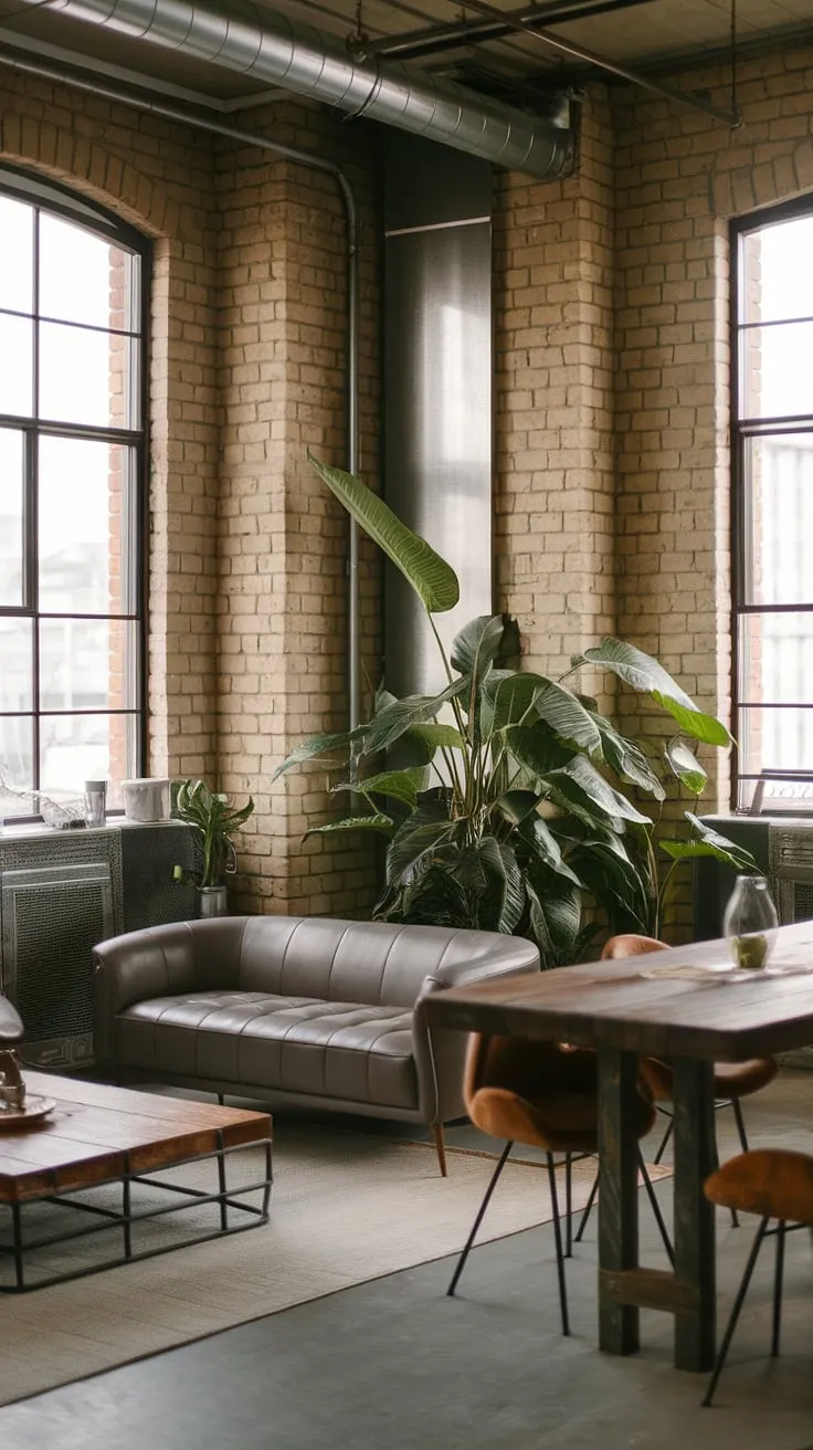 This modern urban apartment showcases a stunning blend of industrial and Japandi aesthetics, creating a neo-industrial interior that's both sleek and serene.  The industrial living room design, with its carefully curated industrial living room ideas, perfectly embodies the industrial contemporary living room trend.