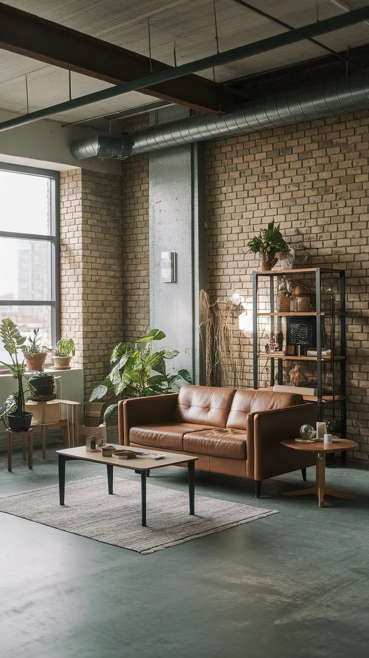 This modern urban apartment boasts a stunning neo-industrial interior, seamlessly blending industrial living room ideas with a touch of Japandi serenity.  The result is an industrial contemporary living room that redefines industrial living room design.
