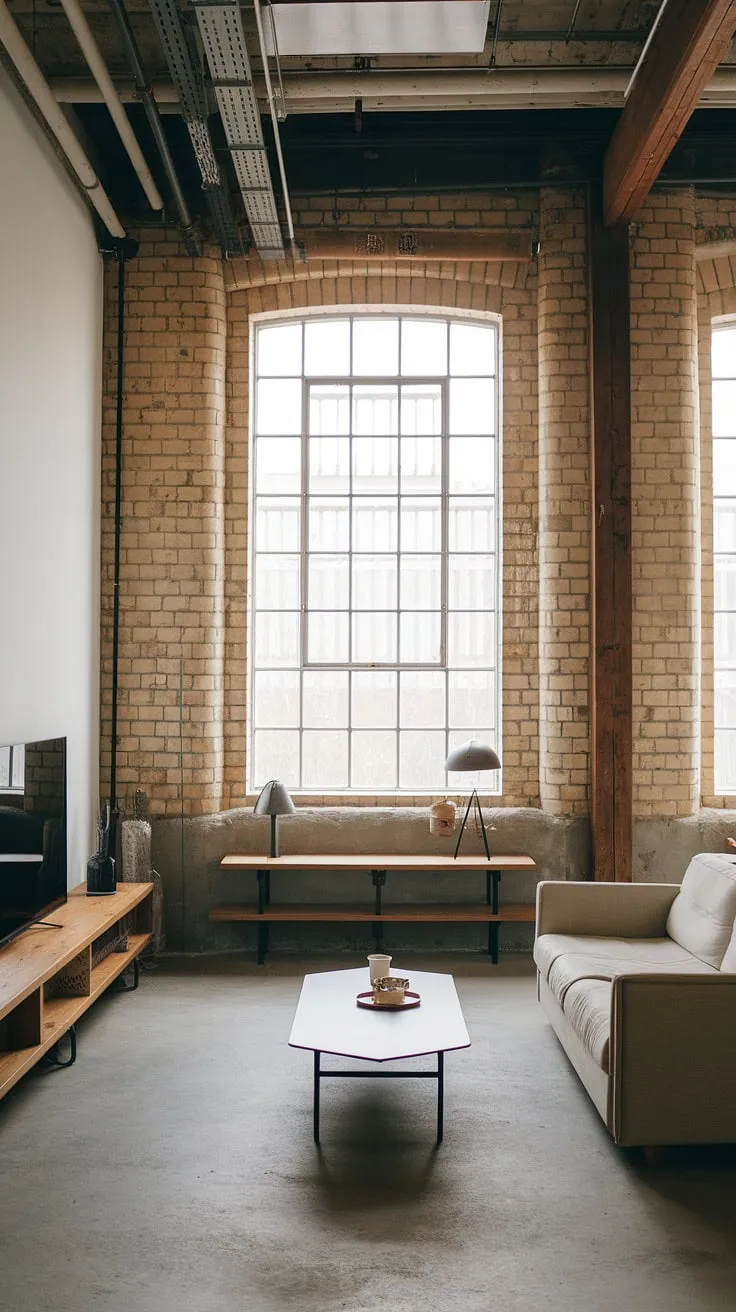 An industrial japandi haven: this industrial style living room demonstrates how to master the balance between raw industrial aesthetics and Japanese-inspired tranquility.  The high ceilings, exposed brick walls, and concrete floor create a bold industrial living room, while the carefully chosen furniture and muted tones offer a sense of calm within this modern urban apartment. This industrial concept interior is a testament to innovative industrial living room design.