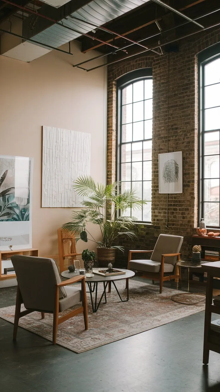 This modern urban apartment showcases a stunning blend of industrial and Japandi aesthetics.  The neo-industrial interior, with its carefully curated industrial living room design, offers a unique take on industrial living room ideas, creating an industrial contemporary living room that's both stylish and functional.  The industrial concept interior is perfectly executed.