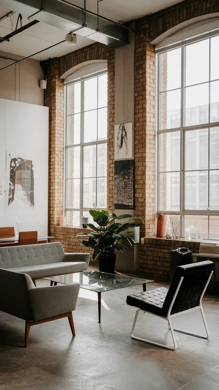An industrial concept interior realized: this industrial style living room in a modern urban apartment exemplifies the beauty of blending rugged textures with refined aesthetics.  Explore the captivating mix of industrial living room ideas within this space, a testament to the enduring appeal of neo-industrial interior design and the sophisticated simplicity of industrial Japandi.