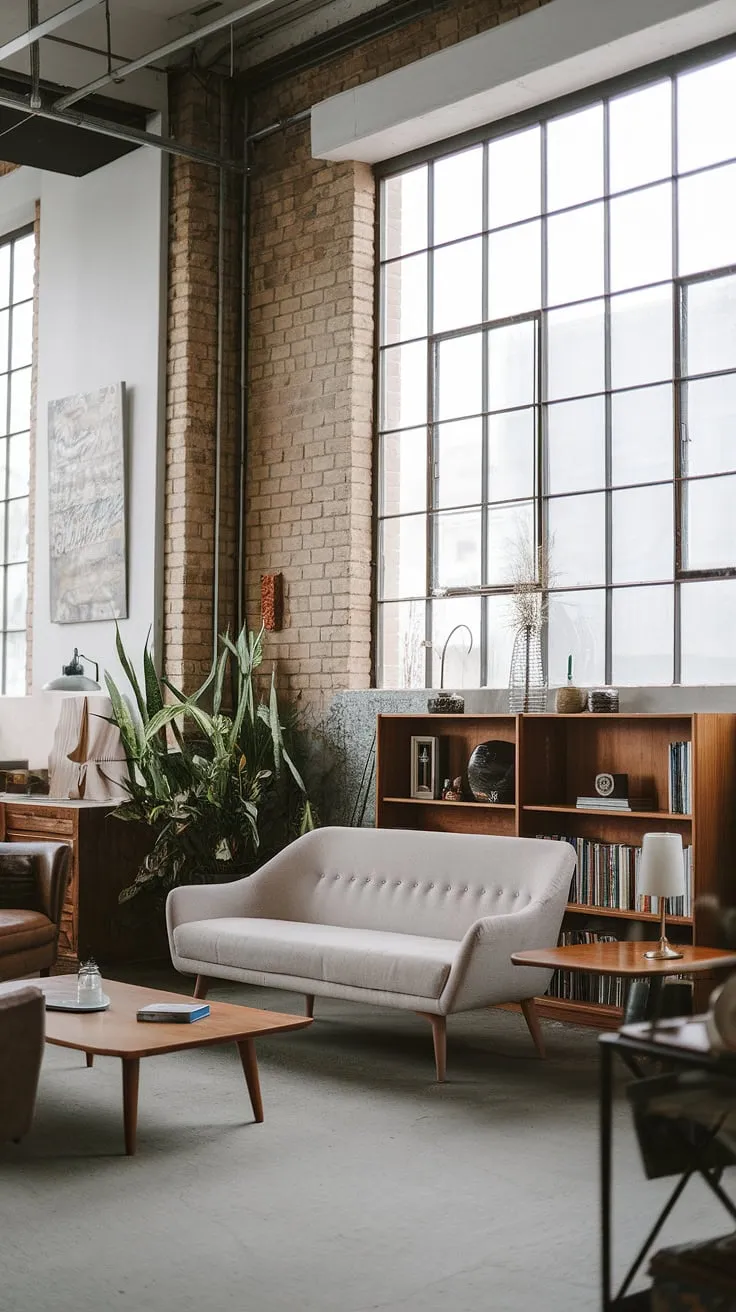 An industrial concept interior realized: this industrial style living room seamlessly integrates raw industrial elements with a serene Japandi sensibility.  The result is a breathtaking industrial living room design perfect for the modern urban apartment dweller seeking unique industrial living room ideas.