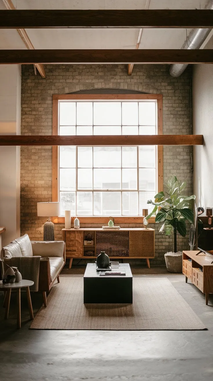 This stunning industrial contemporary living room seamlessly blends raw industrial elements with sleek modern lines, creating a sophisticated neo-industrial interior perfect for a modern urban apartment.  The space showcases the best of industrial living room design and offers inspiring industrial living room ideas, echoing the warmth of industrial Japandi style.