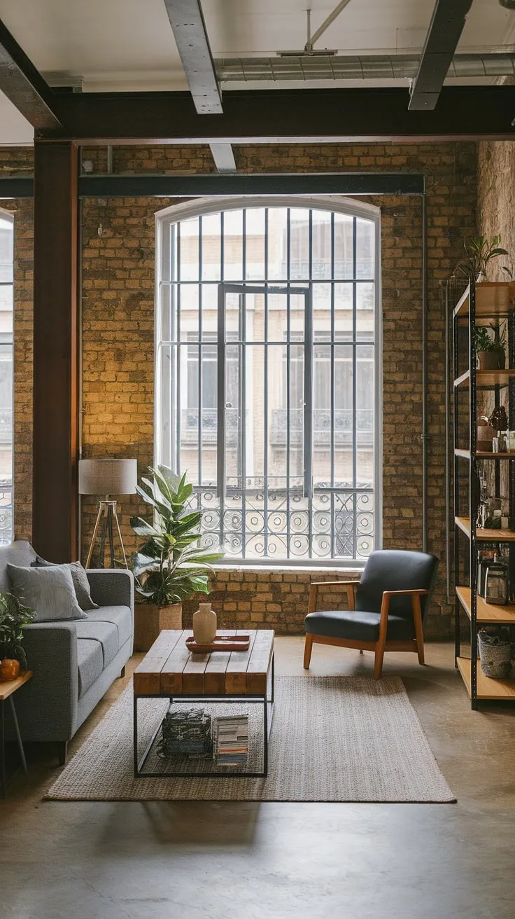 An industrial concept interior realized: this industrial style living room showcases the best of industrial Japandi design.  The space perfectly balances raw industrial elements with a calm, contemporary aesthetic, creating a truly captivating industrial living room in a stylish modern urban apartment.