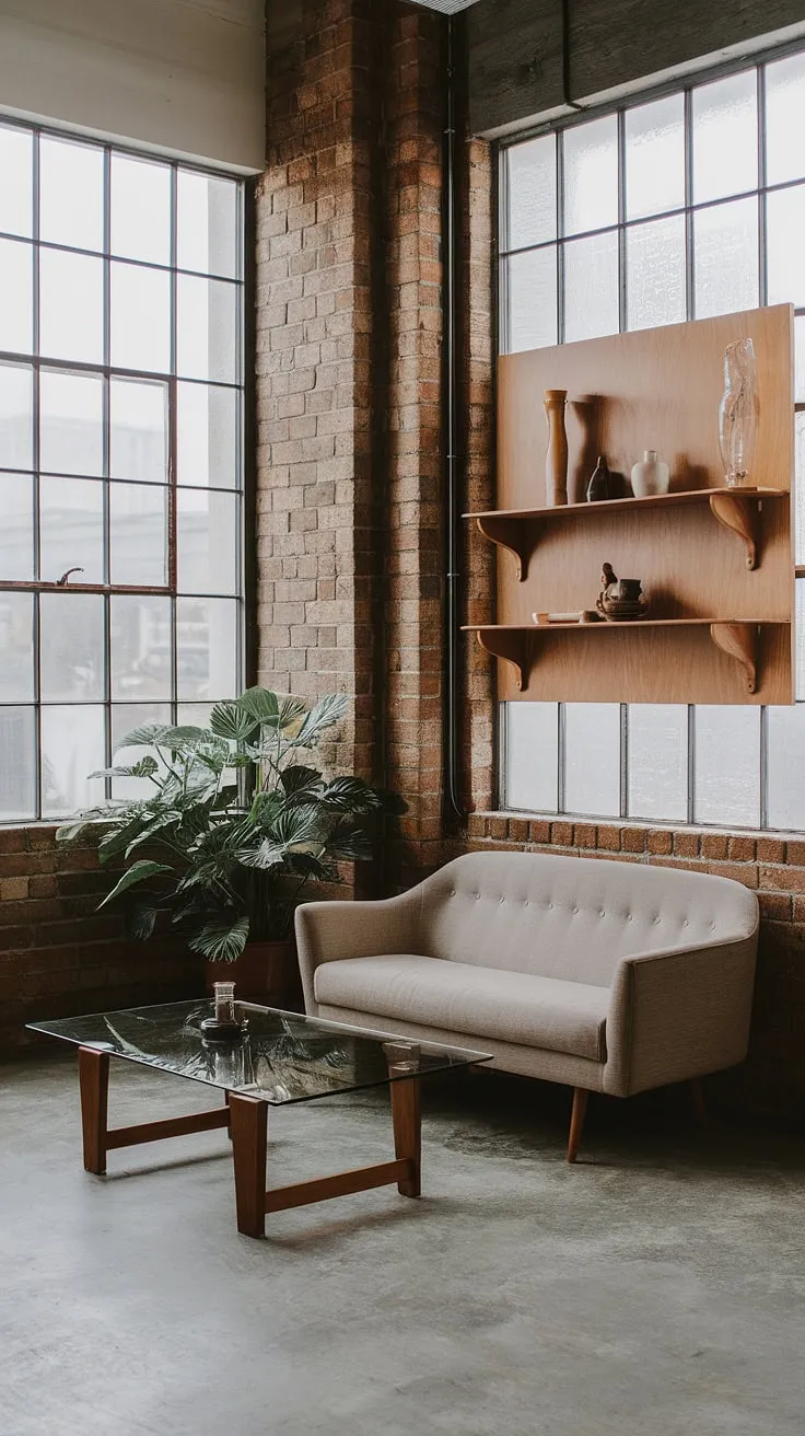 This neo-industrial interior seamlessly blends industrial contemporary living room style with Japandi minimalism.  The high ceilings, exposed brick, and large windows of this modern urban apartment create a dramatic backdrop for the calm, curated space.  Industrial living room ideas like the wooden shelf and beige sofa offer warmth against the concrete floor, showcasing a unique industrial japandi aesthetic. This industrial living room design is a masterclass in industrial concept interior.