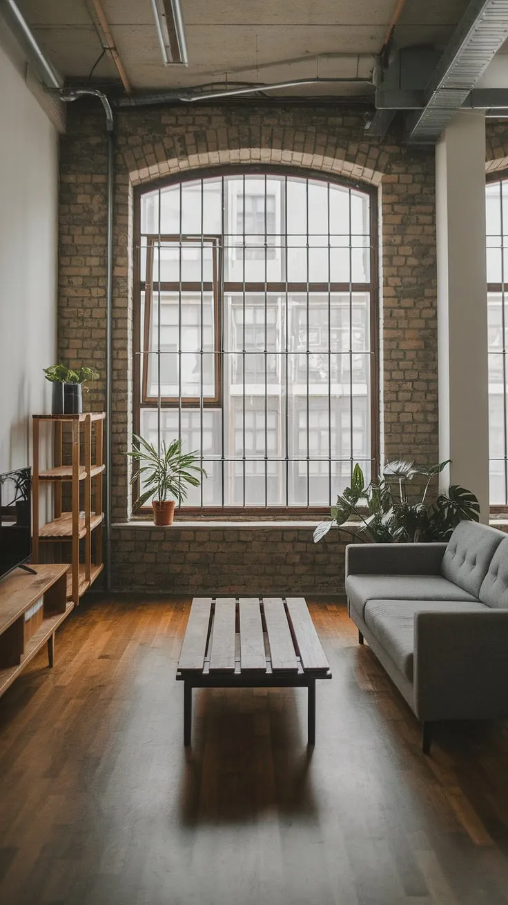 An industrial concept interior realized: this industrial style living room seamlessly integrates industrial Japandi elements within a modern urban apartment setting.  The result is an inspiring industrial living room design, offering fresh industrial living room ideas for contemporary living.