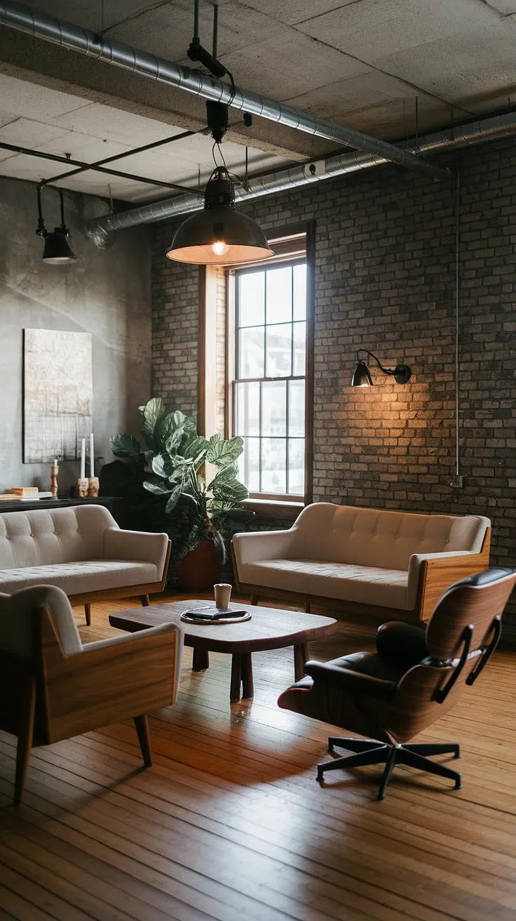 This modern urban apartment showcases a stunning blend of industrial and Japandi aesthetics.  The neo-industrial interior, with its carefully curated industrial living room design, offers a unique take on industrial living room ideas, creating a truly captivating industrial contemporary living room.