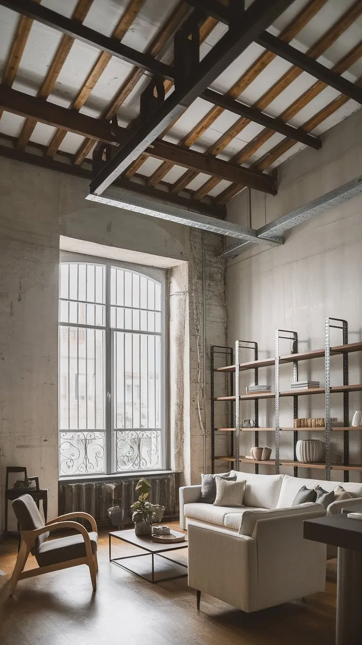 Modern urban apartment living redefined. This industrial concept interior boasts an industrial style living room with high ceilings, exposed beams, and a striking contrast of textures.  The metal shelving and iron-barred window are key elements in this industrial living room design, while the wood flooring and comfortable seating create a warm and inviting atmosphere. Explore fresh industrial living room ideas in this stunning example of industrial living room design.