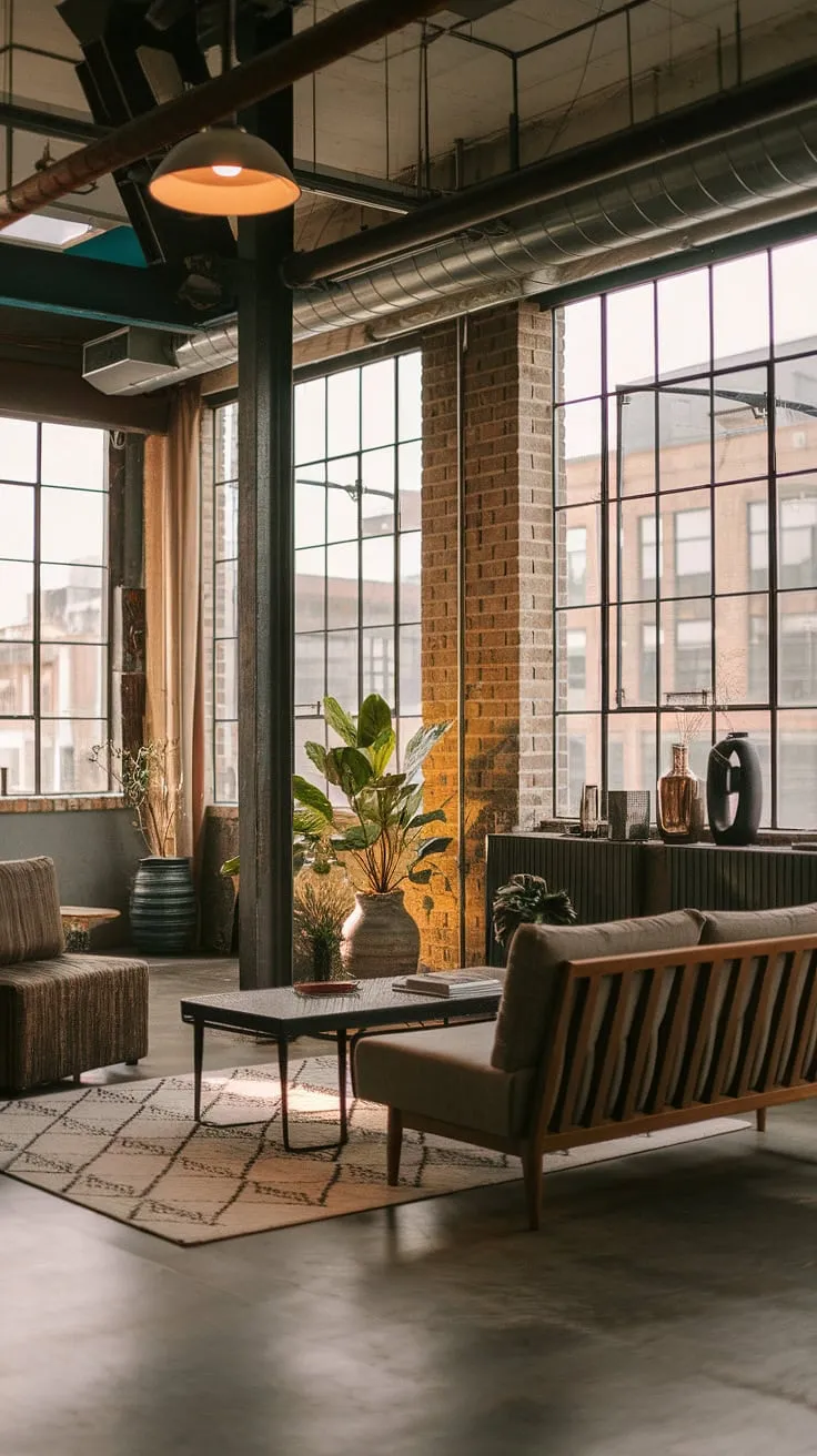 This modern urban apartment showcases a stunning neo-industrial interior, blending industrial contemporary living room elements with Japandi serenity.  The exposed brick, steel beams, and concrete floor create a raw industrial concept interior, while the wooden furniture and geometric rug soften the space, offering inspiring industrial living room ideas and a unique industrial living room design.  The result is an effortlessly cool industrial style living room.