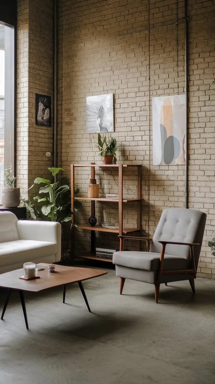 An industrial concept interior realized: this stunning space demonstrates the beauty of an industrial style living room within a modern urban apartment setting.  The blend of textures and materials exemplifies industrial living room ideas, showcasing a unique take on neo-industrial interior design with a touch of industrial Japandi influence.