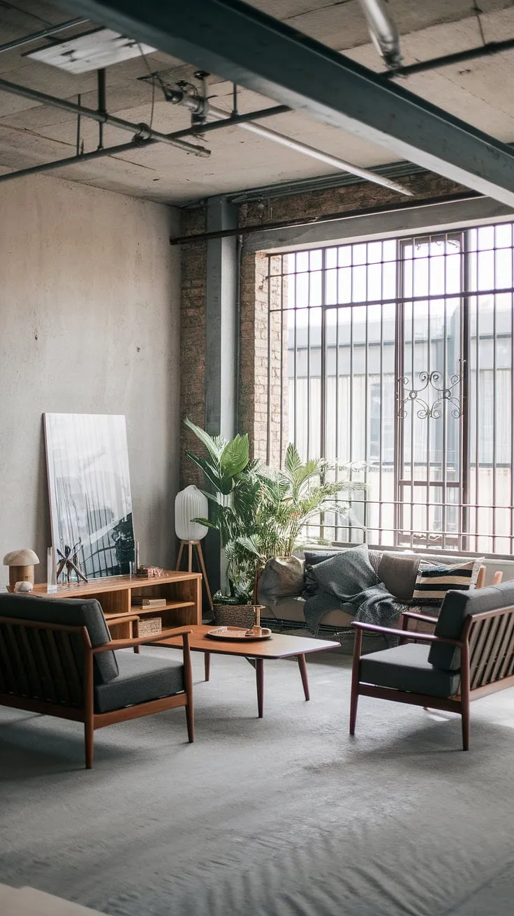 This modern urban apartment boasts a stunning neo-industrial interior, seamlessly blending industrial living room design with Japandi influences.  The result is an industrial contemporary living room that offers a unique and inspiring take on industrial living room ideas.