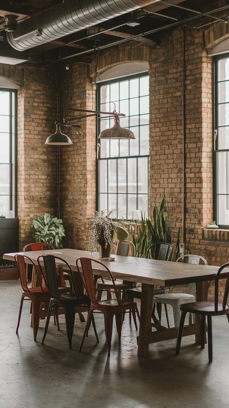 This urban industrial design dining room, with its loft dining area and mismatched dining chairs, creates a unique and inviting space. The industrial decor perfectly complements the industrial dining room design, resulting in a truly captivating urban dining space.