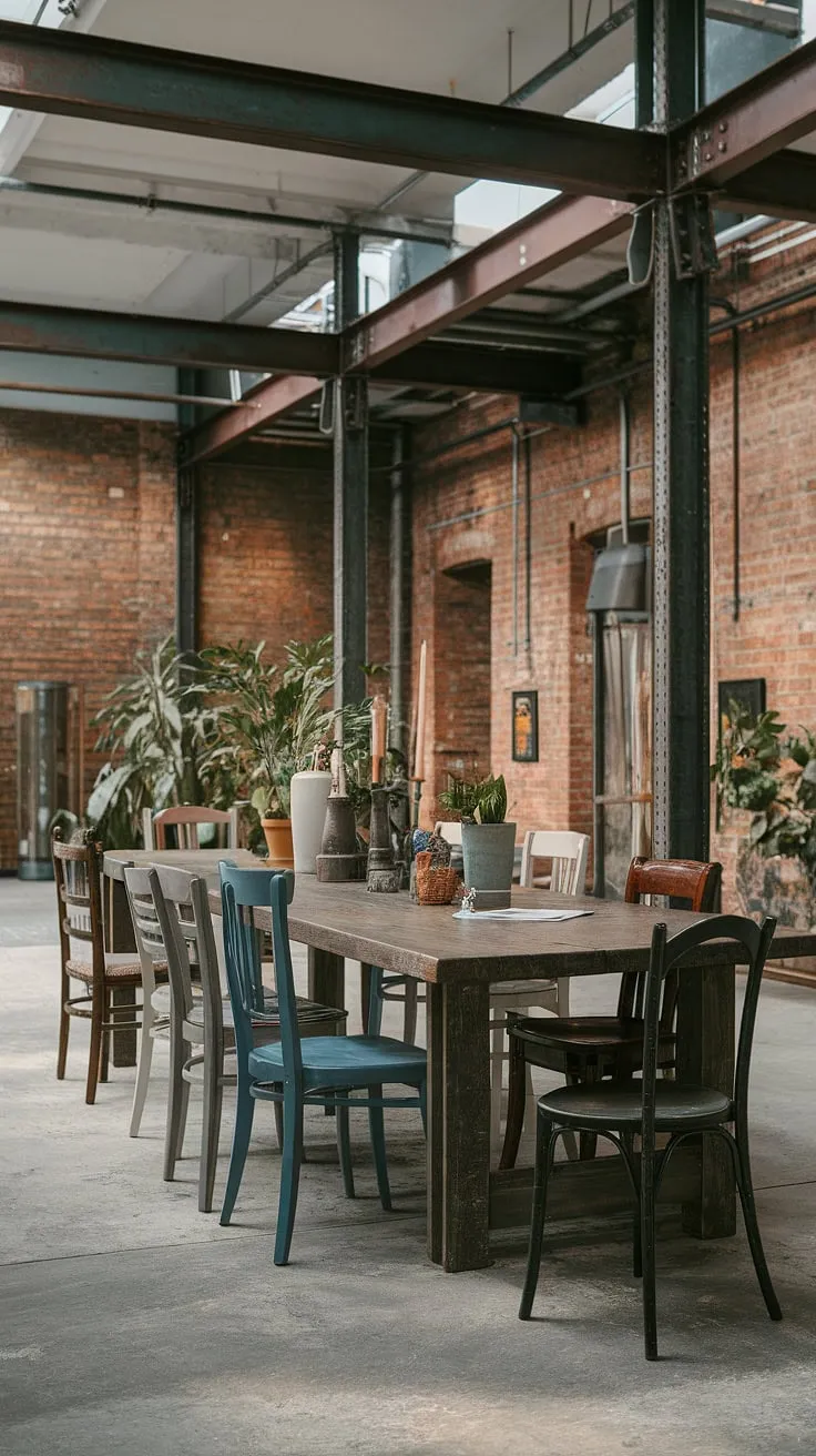 The perfect blend of rustic and industrial: this industrial dining room design features a stunning urban dining space with a reclaimed wood table, mismatched dining chairs, and exposed brick.  The industrial decor is softened by the potted plants, creating a warm and inviting loft dining area.