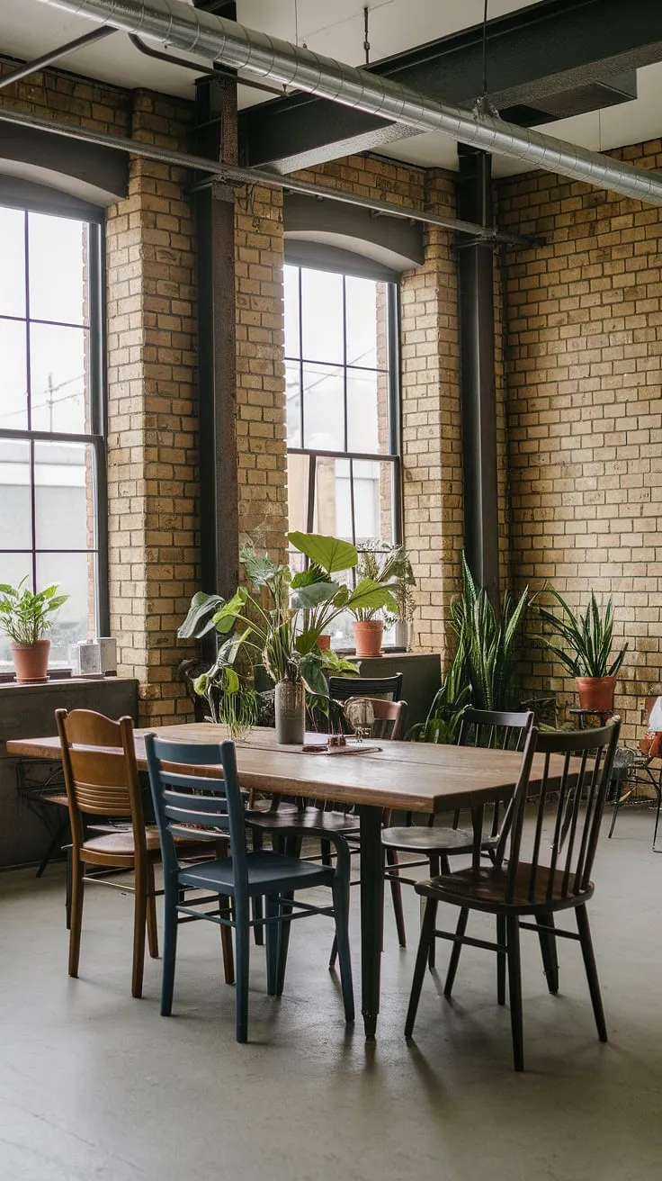 Sunlight streams into this urban dining space, highlighting the character of the exposed brick walls and the eclectic charm of the mismatched dining chairs.  The industrial dining room design is a masterclass in blending industrial decor with comfortable, lived-in style, transforming this loft dining area into a truly captivating space.