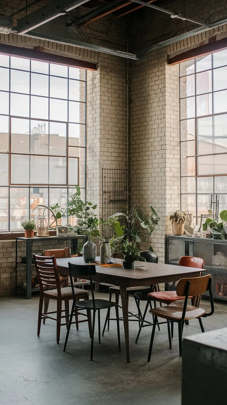 A blend of urban industrial design and loft-style living, this industrial dining room is a feast for the eyes.  The mismatched dining chairs around the wooden table create a relaxed yet stylish urban dining space.  Industrial decor elements, exposed brick, and the high ceilings complete this captivating industrial dining room design.