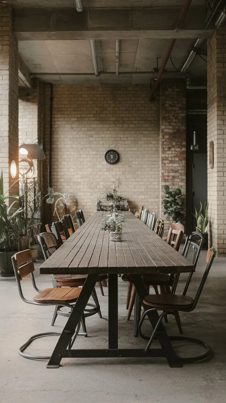 This urban industrial design dining room, with its loft dining area and mismatched dining chairs, creates a unique and inviting space. The industrial decor perfectly complements the industrial dining room design, resulting in a truly captivating urban dining space.
