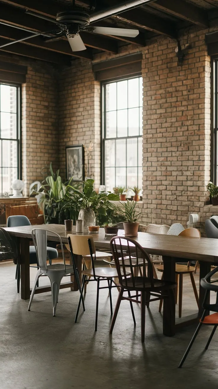 The perfect blend of rustic charm and industrial chic: this industrial dining room features a stunning long wooden table, mismatched dining chairs, and exposed brick, all contributing to the overall urban industrial design.  A cozy urban dining space with a touch of industrial decor.