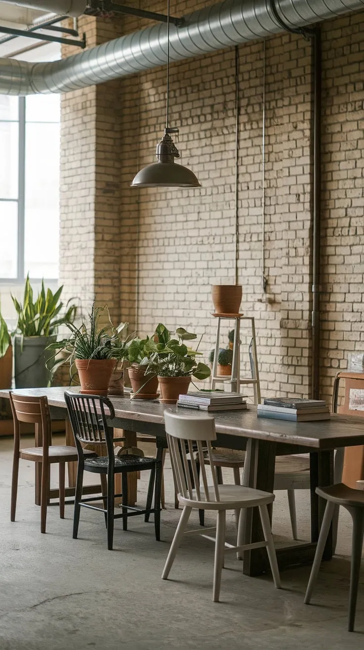 This urban industrial design dining room boasts a raw, eclectic charm.  The mismatched dining chairs add personality to the loft dining area, perfectly complementing the industrial decor and creating a truly unique industrial dining room design.
